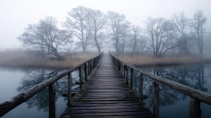 Tranquil Foggy Morning Over Wooden Bridge in Serene Landscape