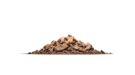 Large pile of brown dirt and rocks sits transparency background, showcasing natural earthy texture. composition highlights ruggedness and organic nature of material, evoking sense of rawness