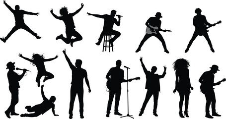 Silhouettes of musicians performing, dancing, singing, playing guitar, trumpet, microphone, energetic poses, live concert vibe, music art, entertainment scene