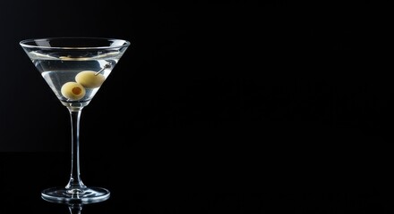 A martini glass filled with clear liquid and two olives