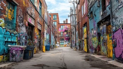 Fototapeta premium Colorful Urban Alleyway with Graffiti Covered Walls and Surfaces