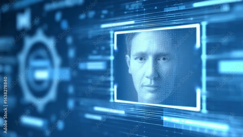 Poster cybernetic gaze: a digitized portrait is framed within a futuristic interface, suggesting advanced t