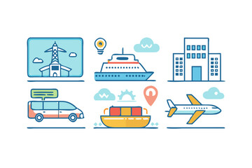 Modern flat icons representing different modes of transportation and logistics