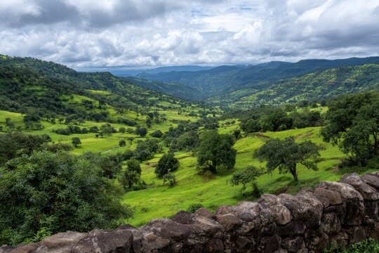 Vast lush green valley under a dramatic cloudy sky showcasing rolling hills and dense forestation