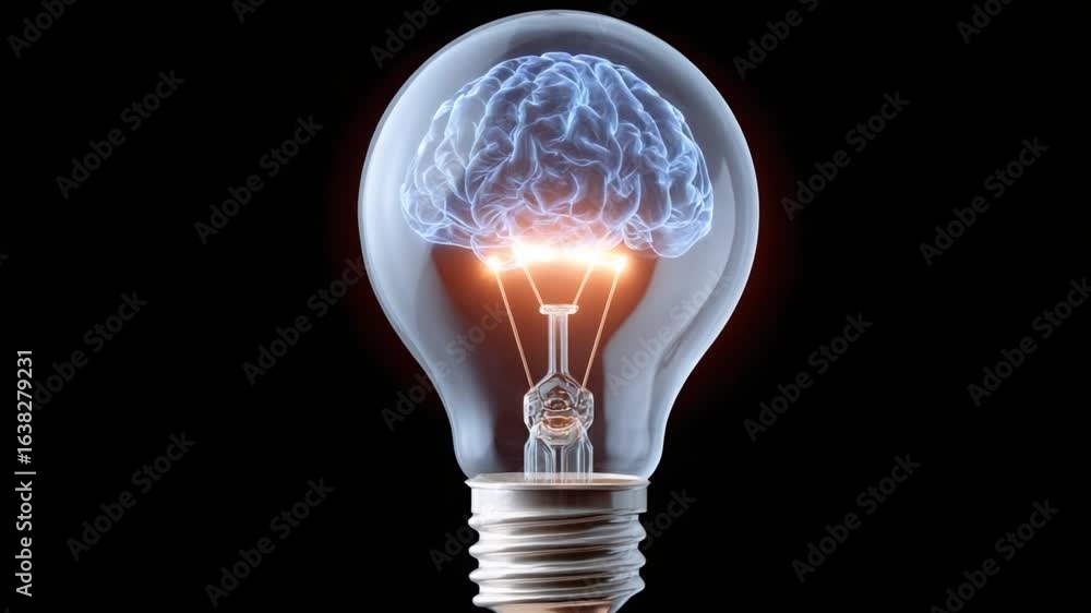 Poster mind illuminated: an artistic representation showcasing a glowing brain encased within a lightbulb, 