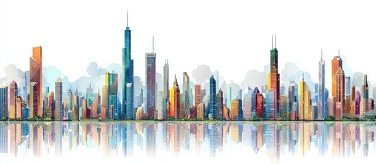 Vibrant cityscape panorama reflecting in calm water, featuring numerous skyscrapers of varying heights and colors against a hazy sky