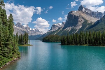 Majestic turquoise lake reflecting towering snow capped mountains surrounded by lush evergreen forests under a bright sunny sky