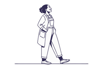 Serene Contemplation: This minimalistic illustration features a woman walking and looking towards the sky, conveying a sense of peace and thoughtful reflection. 