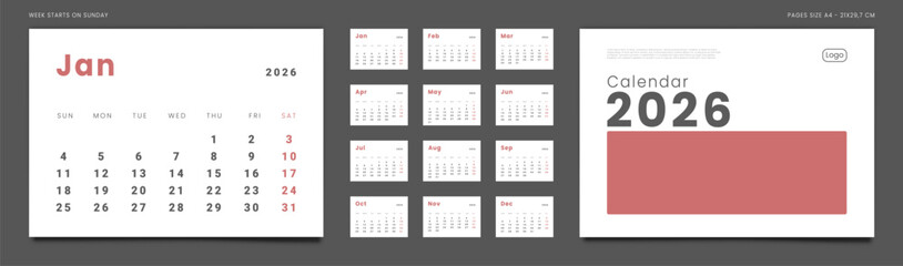 Set of 2026 Pages Monthly Calendar Planner Templates, Cover with Place for Photo, Company Logo. Vector pages for wall or desk calendar in minimal style. Page size A4 for Print. Week start on Sunday