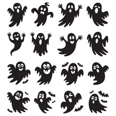Halloween ghosts, cute funny, flying black vector silhouettes