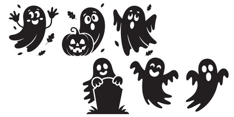 Halloween ghosts, cute funny, flying black vector silhouettes