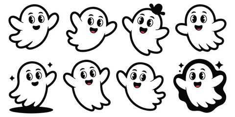 Halloween ghosts, cute funny, flying black vector silhouettes