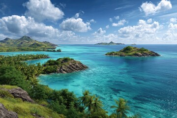 Vibrant turquoise ocean waters surround lush green tropical islands under a dramatic sky filled with fluffy clouds