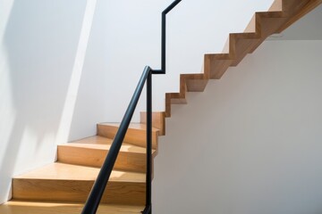 Architectural Staircase Design with Wooden Steps and Sleek Black Railing Ascending Against a Minimalist White Wall