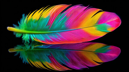 Obraz premium Vibrant Feather with Reflection on Black Background Macro Photography