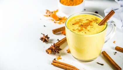 Golden milk turmeric latte with cinnamon sticks and star anise on white background