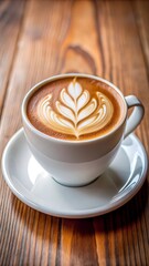 White cup of coffee with latte art on a wooden table