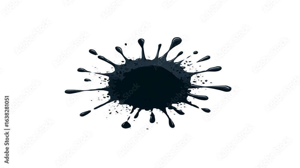 Poster black ink splash with droplets radiating outward, creating dynamic and artistic effect. this design 