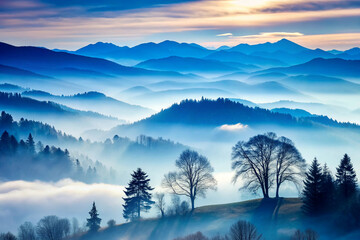 Breathtaking Sunrise Over Misty Mountain Range in Vibrant Hues