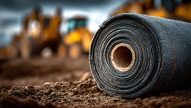 Roll of geotextile fabric placed on soil for construction or landscaping, with a background of yellow machinery. Geosynthetic material for reinforcement and separation.