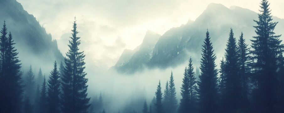 Majestic mountain range shrouded in fog with tall pine trees - Powered by Adobe