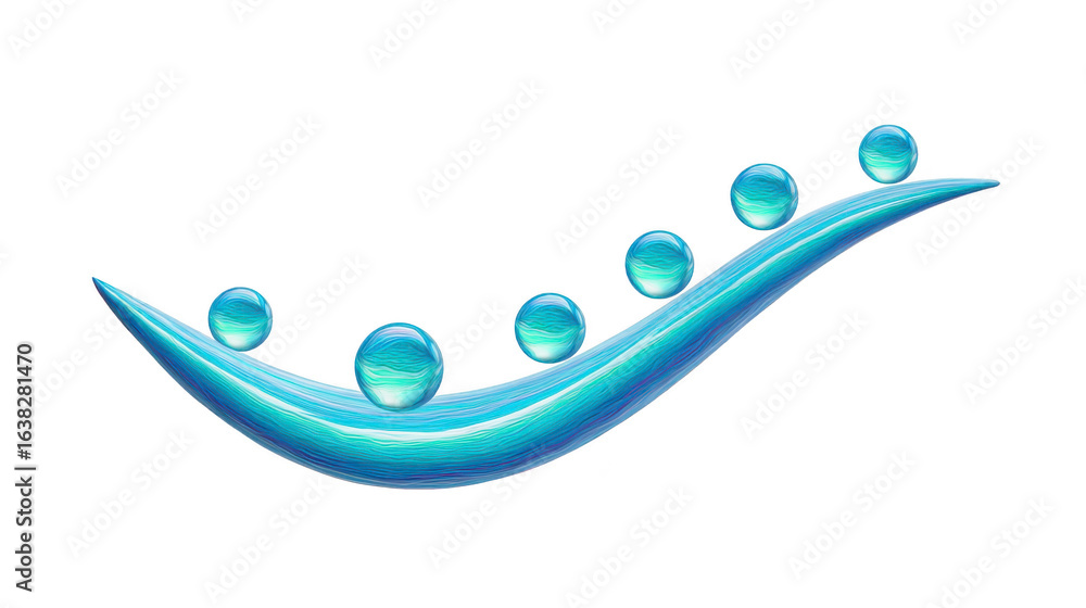 Poster smooth, flowing design featuring wave like shape with several translucent spheres arranged along its