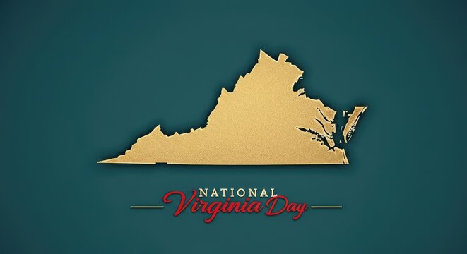 A golden silhouette of the state of Virginia on a dark green background. Text reads 'National Virginia Day' in elegant red font.