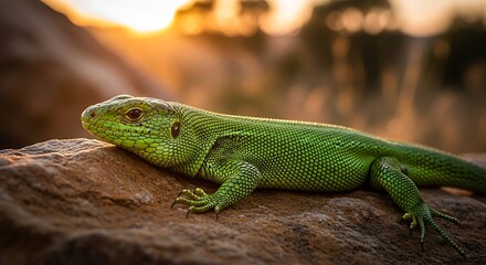 Fototapeta premium Green lizard on rock basking in the sun wildlife reptile nature animal close up detail scaled skin macro shot world lizard day