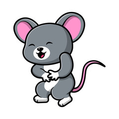 Obraz premium Playful Laughing Cartoon Mouse — Cute Grey Mouse Mascot with Pink Ears and Tail, Smiling Character Illustration for Kids' Products, Stickers & Branding