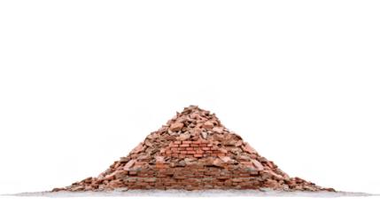 Large pile of broken bricks and debris forms triangular shape, showcasing mix of red and gray materials. scene evokes sense of construction or demolition, highlighting raw texture and color
