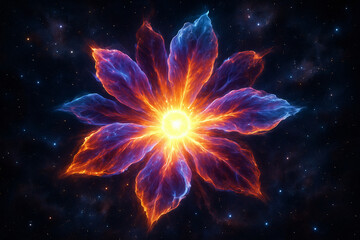 A cosmic star bursting into a celestial flower where petals made of plasma