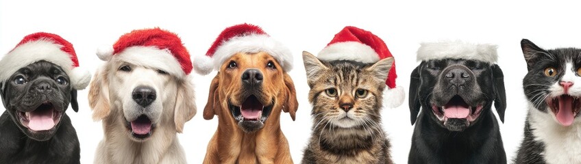 Pets wearing Christmas hats, various breeds, smiling and open-mouthed