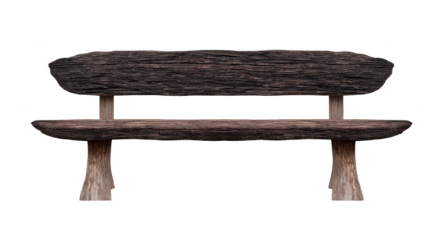 Rustic wooden bench with weathered appearance, featuring simple design and sturdy legs, perfect for outdoor settings or gardens, evoking sense of tranquility and nature