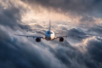 Naklejka premium Airplane facing forward enveloped by turbulent dark clouds with a hint of light breaking through at the top