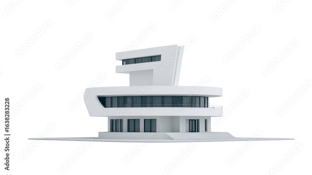 Poster modern architectural design showcases unique building with sleek, curved structure and large windows