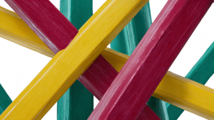 Colorful wooden planks intersect in dynamic arrangement, showcasing vibrant hues of yellow, red, and teal. This abstract composition evokes creativity and artistic expression