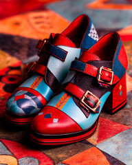  Experimental art deco shoes with dadaist geometric elements in contrasting red and turquoise hues, bold and surreal