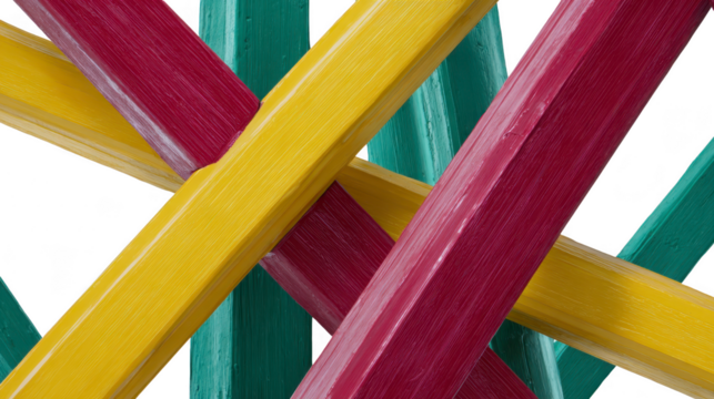 Colorful wooden planks intersect in dynamic arrangement, showcasing vibrant hues of yellow, red, and teal. This abstract composition evokes creativity and artistic expression