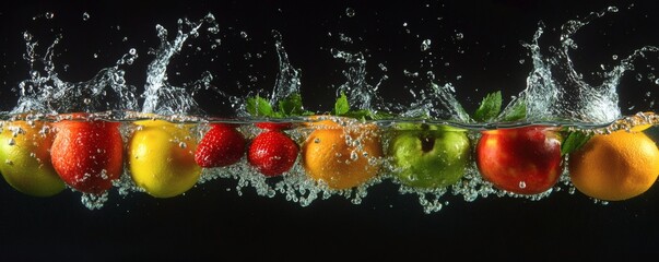 Colorful fruits submerged in water causing a splash against black background