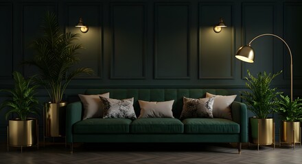 Obraz premium Luxurious Green Sofa with Potted Plants and Gold Accents in a Stylish Living Room
