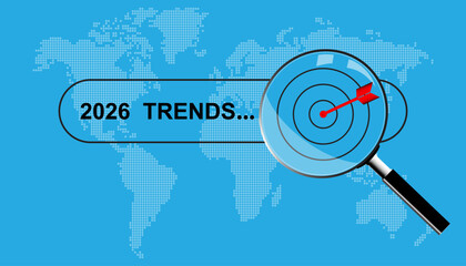 Searching Trends for 2026. Magnifying glass focusing on target symbol, strategic plan in new year, seo and geo analysis, business predictions, finance, investment.