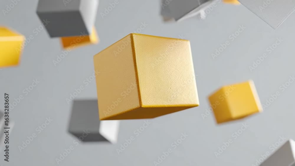 Poster floating cubes: a striking image of floating golden cubes against a minimalist backdrop, evoking a s