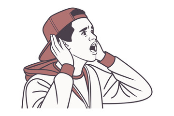 Obraz premium Surprised Man Covering Ears: A surprised man, cap, covers his ears in a black and white image, an expression of shock and alarm that may convey various emotional responses.