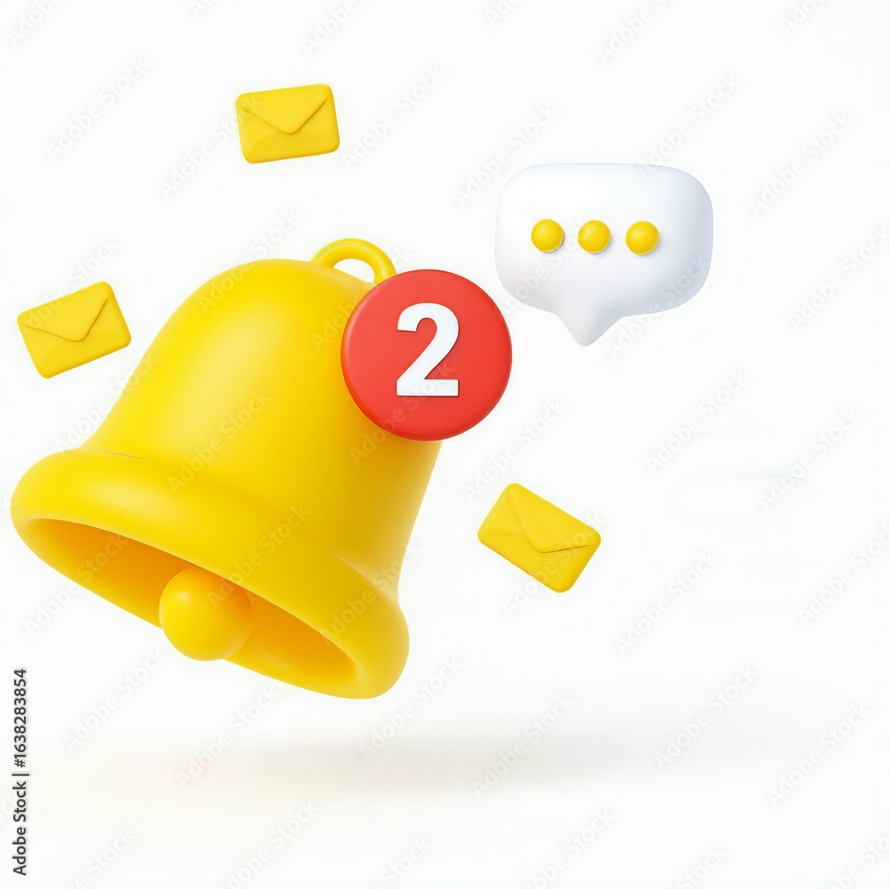 Poster bright yellow notification bell with a red circle showing the number two and floating envelopes and 