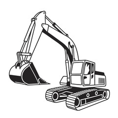 Monochrome vector silhouette of a powerful construction excavator with its digging bucket extended. Isolated heavy machinery illustration.