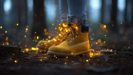 Yellow boots adorned with fairy lights stand on forest ground amidst glowing embers and bokeh