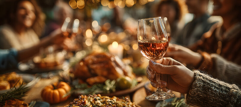 Family or friends celebrating Thanksgiving day with rose wine