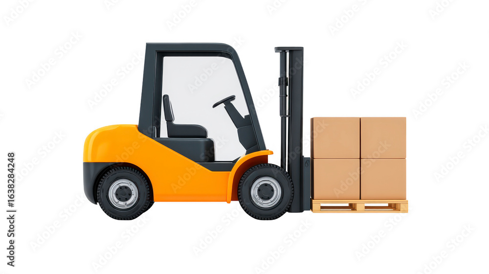 Poster forklift is lifting pallet of cardboard boxes, showcasing its utility in warehouse operations. this 