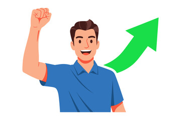 Rising High: A man celebrates success, with a vibrant green arrow indicating growth and progress. His uplifting gesture captures the spirit of achievement.