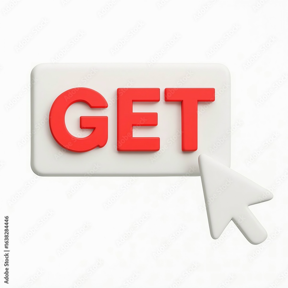 Poster clickable button with the word get in red and a white mouse cursor pointing to it